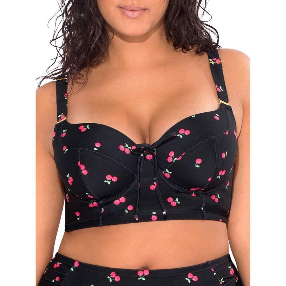 🆕Women’s Sweet Cherry Plus-Size Long Lined Underwire Bikini Top Nylon Swimwear